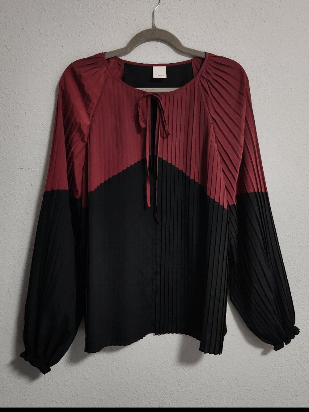 PINKO | Deep Red & Black Pleated Glam Designer Bow Blouse Large